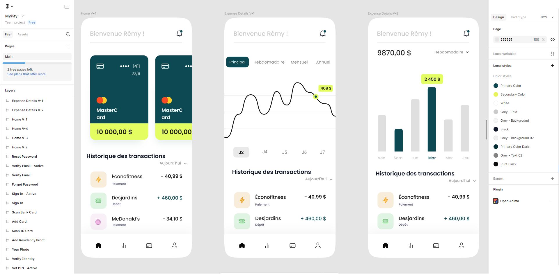 Maquette application finance, historique transactions bancaires